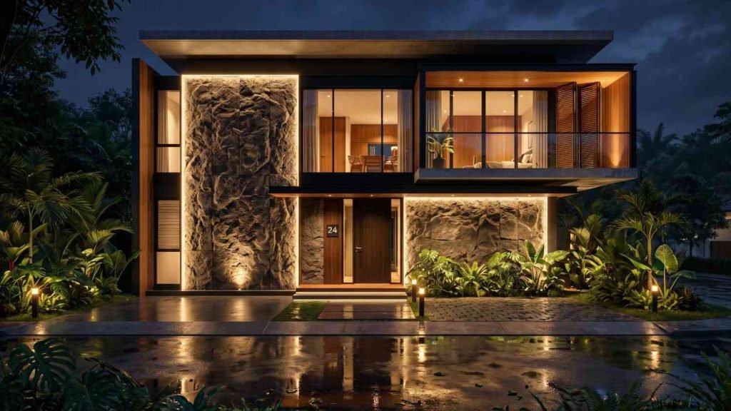 kombinasi model rumah 2 lantai dengan batu alam