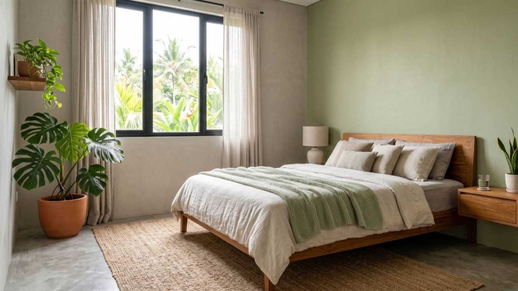 kombinasi 2 warna cat kamar greige dan olive