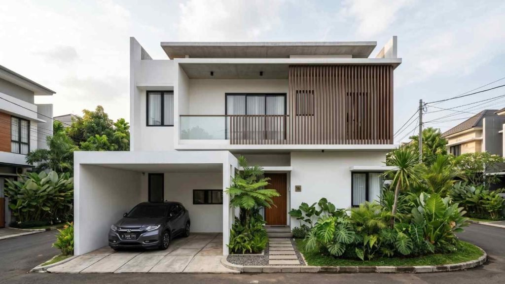 rumah 2 lantai dengan fasad kayu