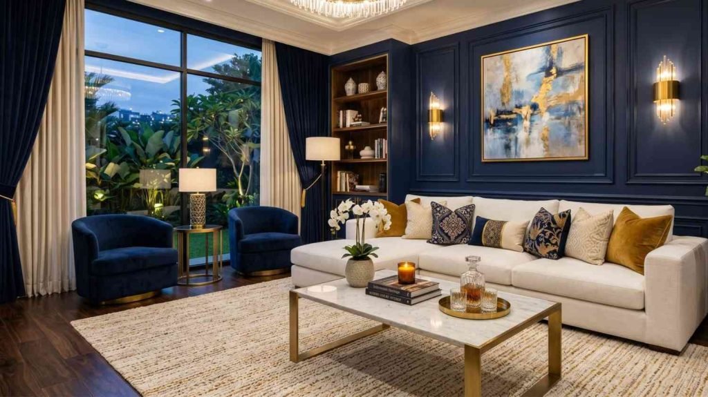 warna biru navy untuk ruang tamu mewah