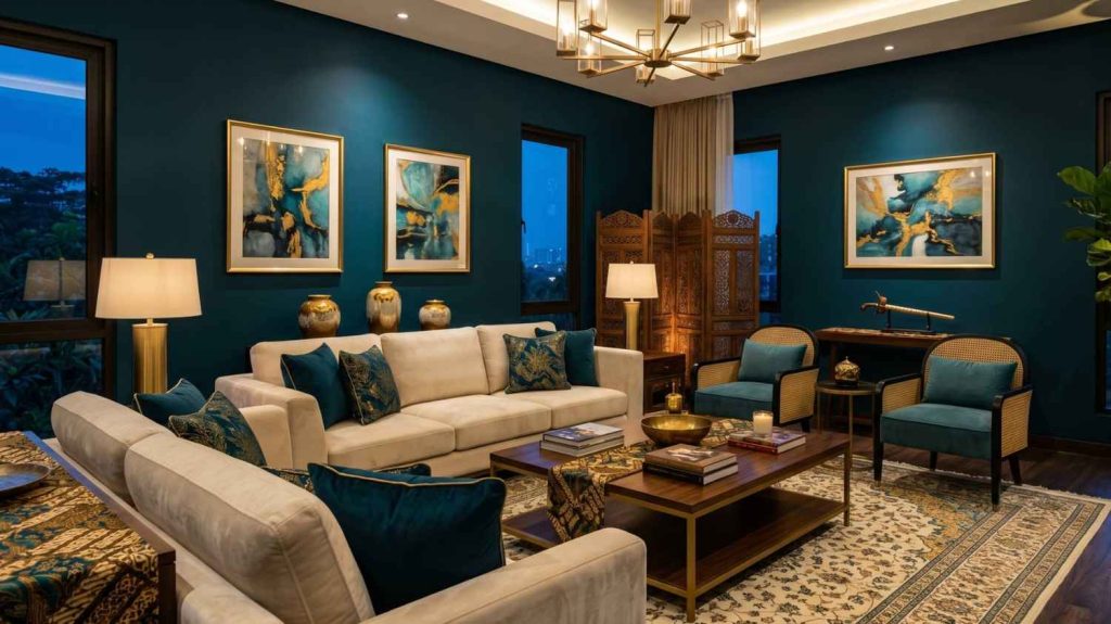 warna midnight teal untuk ruang tamu mewah