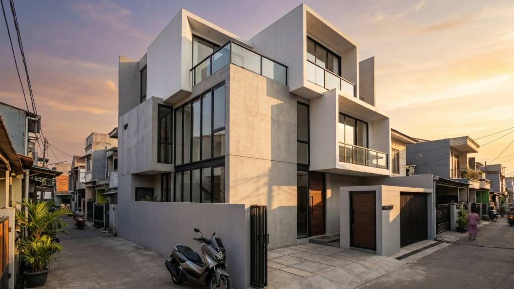 desain rumah box modern 2 lantai dengan balkon kaca