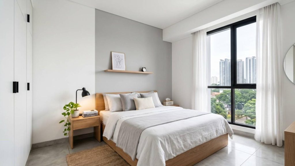 kombinasi warna kamar tidur off white dan abu abu