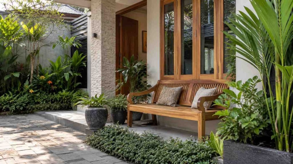 desain halaman depan dengan bangku kayu