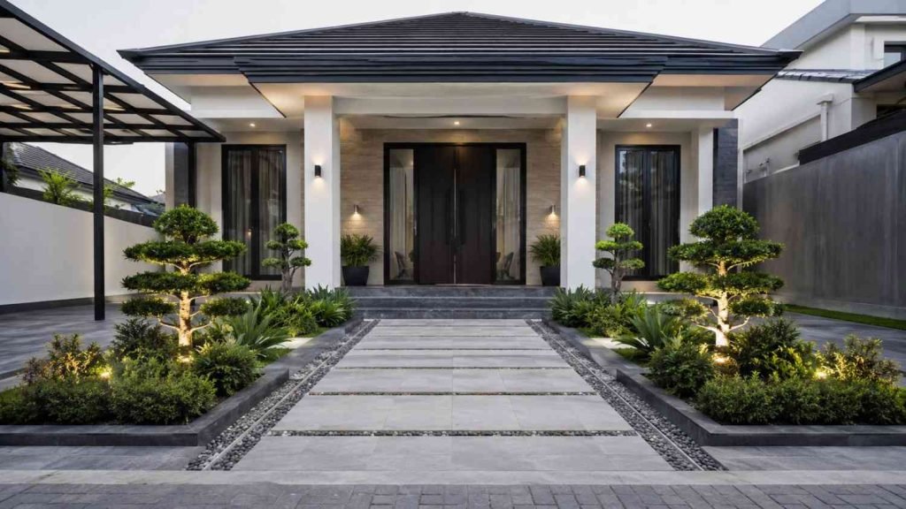 desain halaman depan rumah yang clean dengan paving