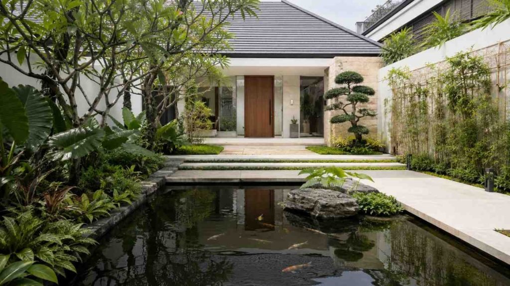 halaman depan rumah dengan kolam kecil