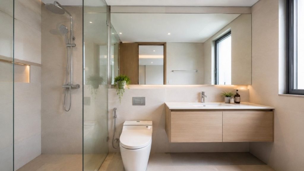 desain kamar mandi minimalis dengan cermin