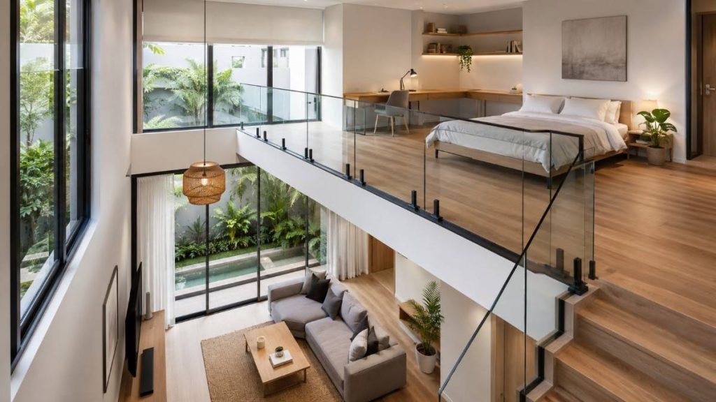 model rumah mezzanine dengan railing kaca