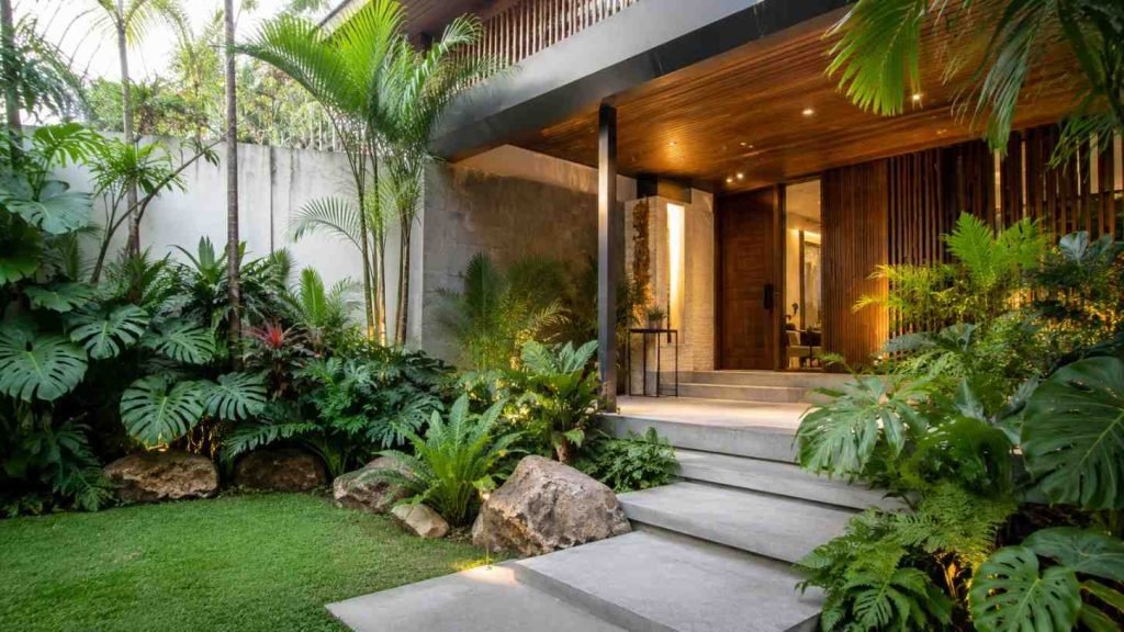 desain halaman depan rumah dengan taman tropis